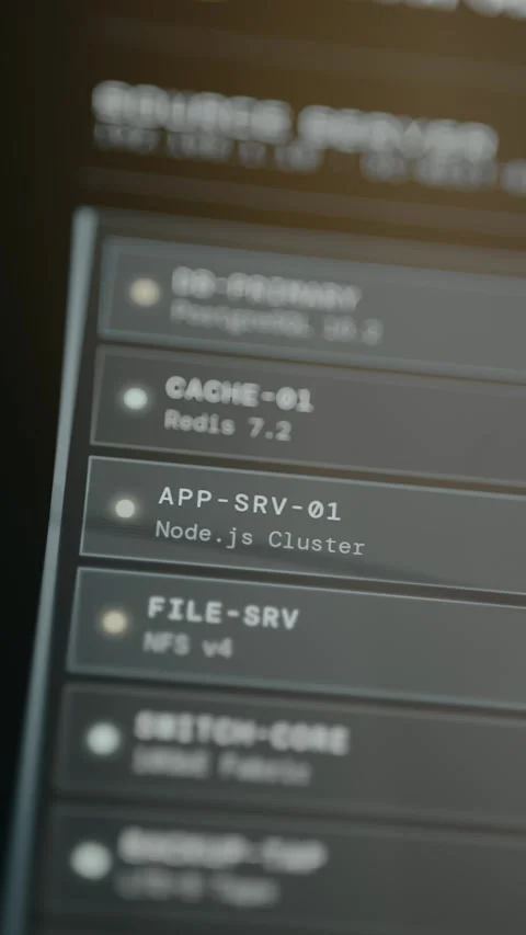 Close-up of server infrastructure with distributed system components Vídeo Stock 332471244
