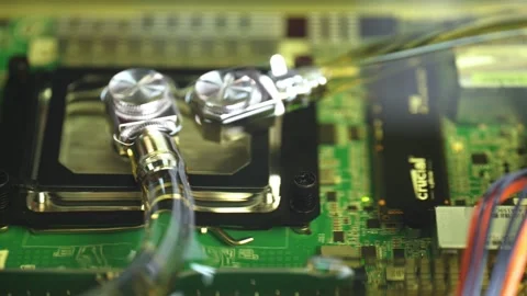 Close Up Of Server Motherboard Submerged In Liquid Cooling With CPU And SSD Stock Footage 340331519