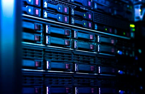 Close up server rack cluster in a data center selected focus, narrow depth field Stock Photos