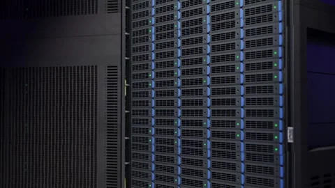 Close-up of server rack cooling fans and modular hardware units in data center Stock Footage 311682204