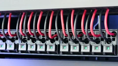 Close-up of server rack with neatly arranged cables. Black and white image sh Stock Photos
