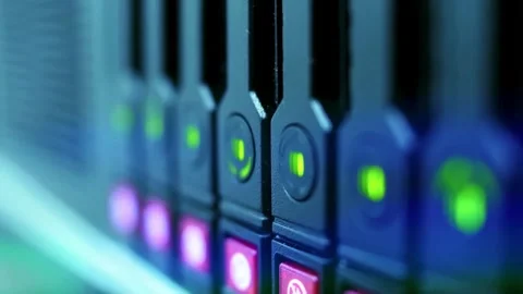 Close up of server racks with blinking green and red lights. Stock Footage 340621047