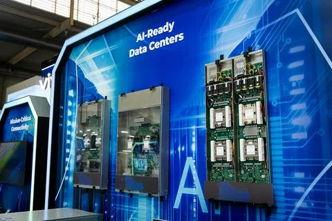Close up of server racks in a data center used for ai with cables and plugs. Fotos Stock