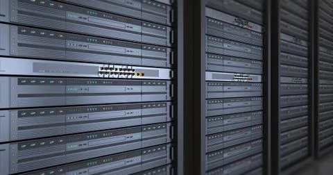 Close Up Server Racks In a Modern Data Center. 3D Render. Stock Illustration
