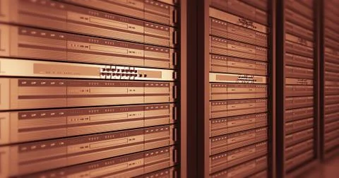 Close Up Server Racks In a Modern Data Center. 3D Render. Illustrazione stock