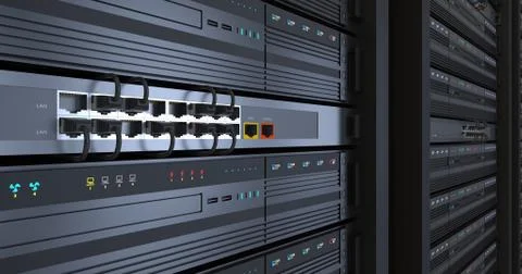 Close Up Server Racks In a Modern Data Center. 3D Render. Illustrazione stock