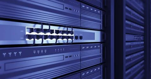 Close Up Server Racks In a Modern Data Center. 3D Render. Illustrazione stock