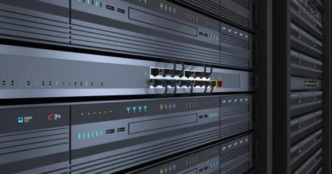 Close Up Server Racks In a Modern Data Center. 3D Render. 스톡 일러스트