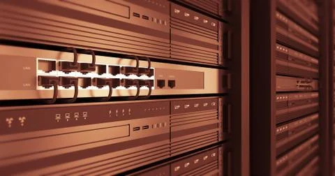 Close Up Server Racks In a Modern Data Center. 3D Render. Stock Illustration