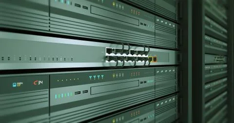Close Up Server Racks In a Modern Data Center. 3D Render. Illustrazione stock