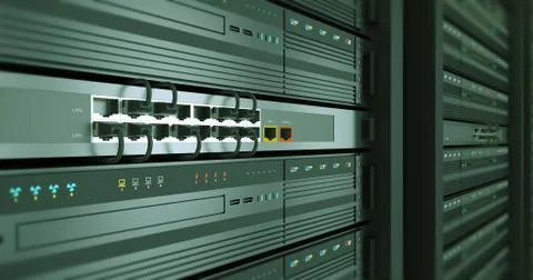 Close Up Server Racks In a Modern Data Center. 3D Render. Illustrazione stock