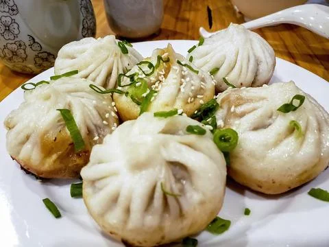 Close-up of a serving of Chinese Pan Fried Pork Dumplings on a plate Stock Photos