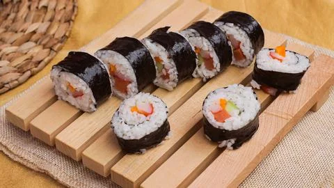 Close up a set of fresh and cheap Korean gimbap or kimbab rolls Stock Photos
