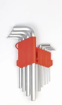 Close up of a set of hex keys in a red box. A set of hand tools for steel bolts Stock Photos