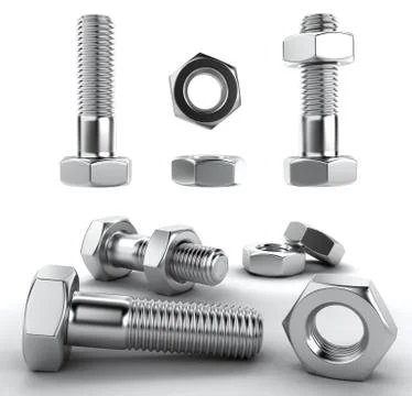 Close-up set of nuts and bolts on white background Stock Illustration