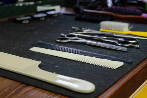 Close-up on a set of shaving tools at a barber shop Stock Photos