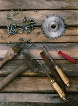 Close up of a set of tools on a wooden background Stock Photos