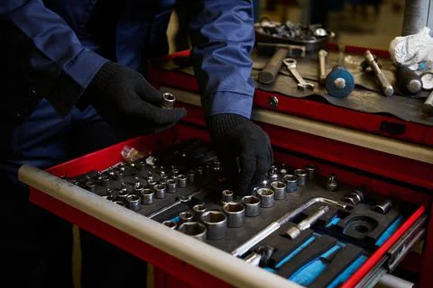 Close-up of a set of torx for socket spanner and hand tools and wrenches in b Stock Photos