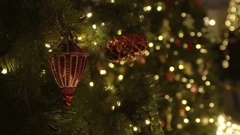 Close up of several red plastic Christmas toys hanging on an artificial Stock Footage 141890150