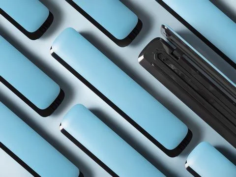 Close-up of several vacuum packaging machines in blue. One of them is open. R Stock Photos