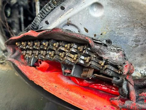 Close-up of a severely burned LED tail light module from a car, showing mel.. Stock Photos
