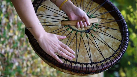 Close-up of a shaman's drum. Vertical video. Stock Footage 255972970
