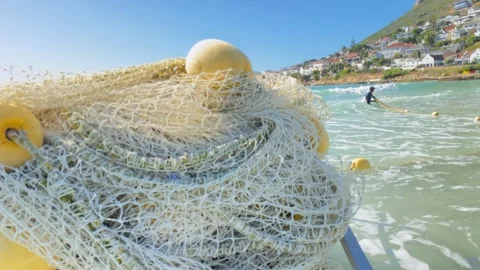Close up of shark nets in the trailer as they get deployed Stock Footage 160125089
