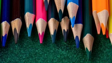 Close up of sharpened colored pencils on a textured green surface Stock Photos