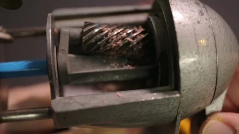 Close-up on sharpener with colored pencils. 스톡 동영상 102155499