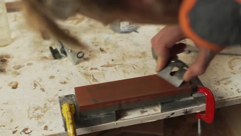 Close up sharpening process in wood workshop Stock Footage 155617006