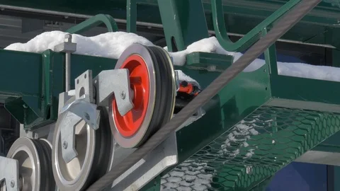 Close-up of sheave wheels rotating on a ski lift tower. Stock Footage 120209953