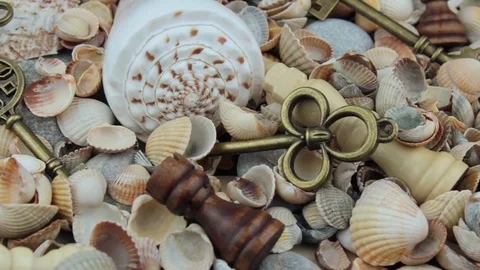 Close up shells, chess and keys Stock Footage 81263253