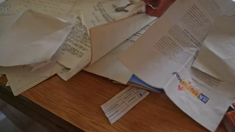 Close-up shifting stacks of old papers Stock Footage 204070572