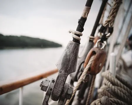 Close-up of Ship Rigging with Ropes and Block Stock Photos
