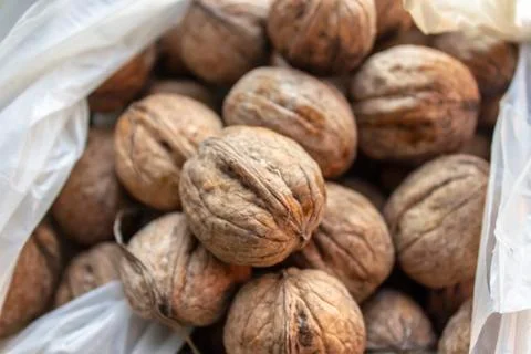 Close-up shoot of batch of walnuts on the bag Stock-Fotos