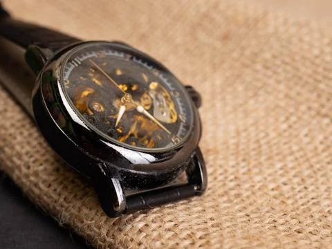 Close up shoot of black skeleton automatic watch Stock Photos