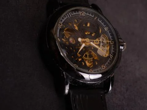 Close up shoot of black skeleton automatic watch Stock Photos