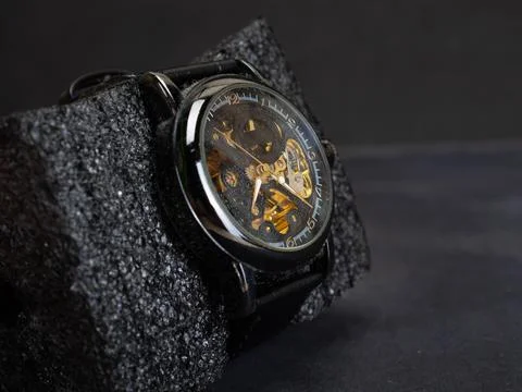 Close up shoot of black skeleton automatic watch Stock Photos
