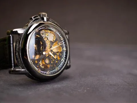 Close up shoot of black skeleton automatic watch Stock Photos