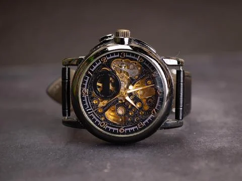 Close up shoot of black skeleton automatic watch Stock Photos