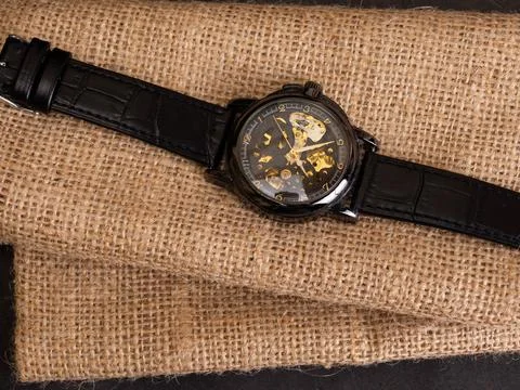 Close up shoot of black skeleton automatic watch Stock Photos