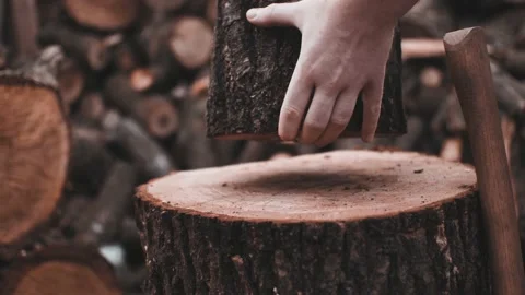 Close up shoot of placing log on stump near the ax Stock Footage 142108727