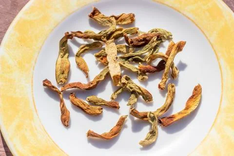 Close-up shoot of string beans dried under the sunlight on the plate Stock Photos