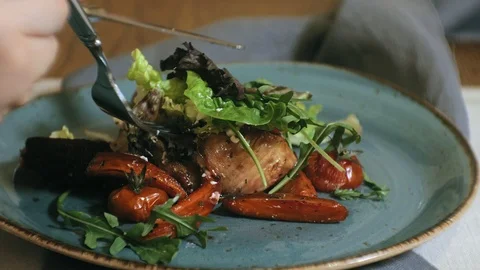 Close-up shooting: delicious warm vegetable salad with chicken Stock Footage 103558899