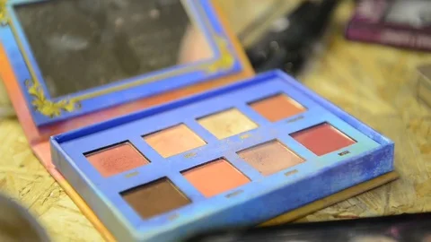 Close-up shooting of palette with taking rouge with brush for make-up Stock Footage 74154055