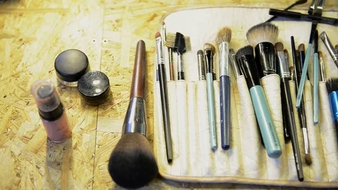 Close up shooting Quality brushes for professional make-up on table Stock Footage 78631084