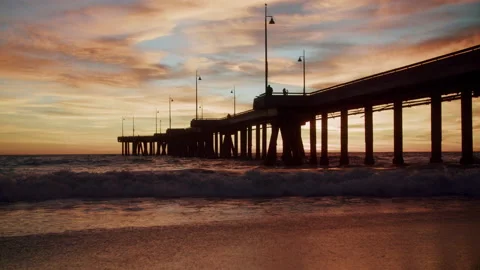Close-Up On Shoreline Below Sunset At Venice Beach Pier 4K 48FPS SLO-MO Stock Footage 223443368