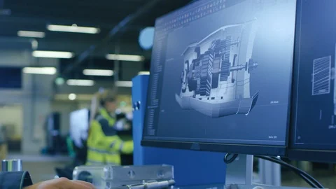 Close-up Shot of the 3D CAD Model of the Engine Shown on Computer Screen. Video stock 93688544