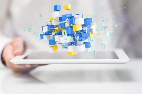 A close up shot of a 3D rendering Big data cloud digital on a white tablet in Stock Photos