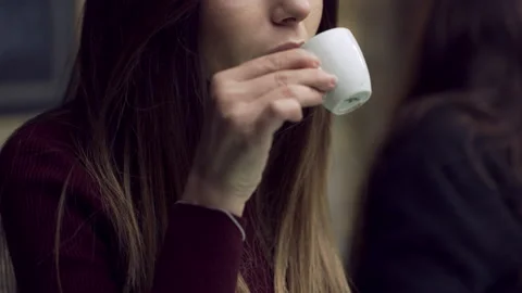Close up shot on 8k helium RED camera. In a small Italian cafe, an Italian woman Stock Footage 199463462